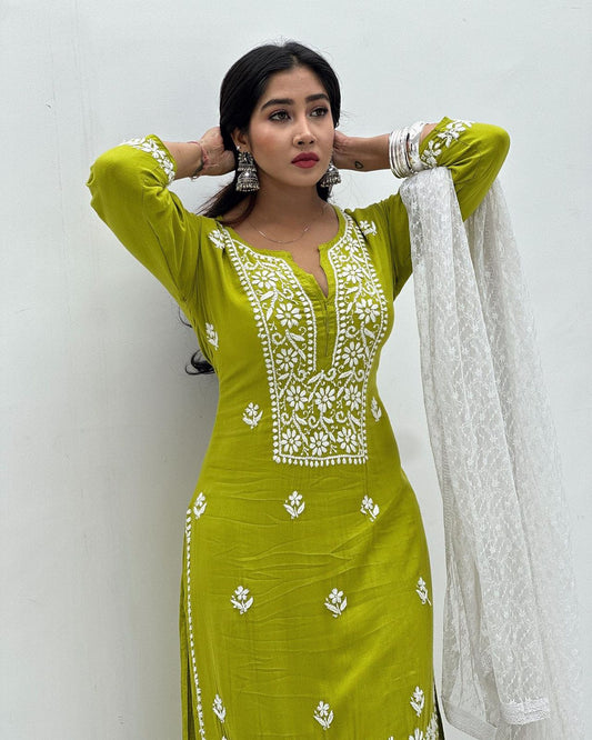 Launching Pure Cotton Thread work kurti with pant and Dupatta Sets