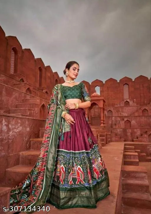 Gezrel Woman's wear patola foil printed dola silk Semi Stitched Chaniya Choli with dupatta