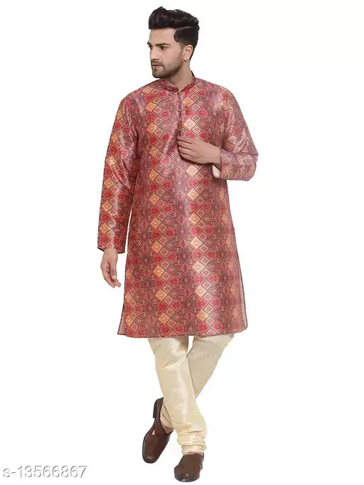 Men's Kraft India Silk Blend Orange Printed Kurta & Beige Churidar Pyjama Set
