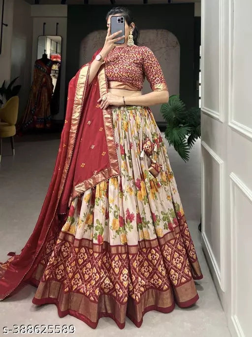 Maroon Color Floral And Patola Printed With Foil Work Tussar Silk Indian Lehenga Choli