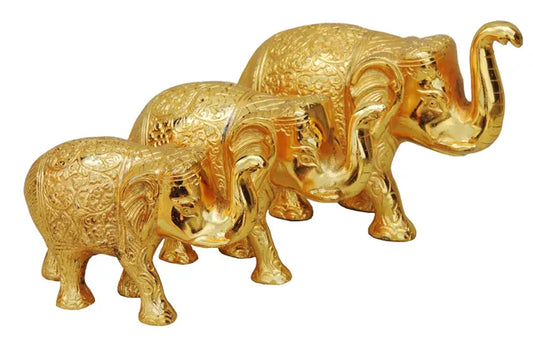 Aluminium Showpiece Elephant Set of 3 Pieces Gold Statue - 7.5*7*5 Inch (AS138 G)