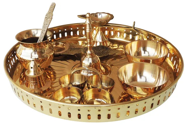 Brass Puja Thali Set With Multiple Items - 12*12*1.3 inch (Z476 E)