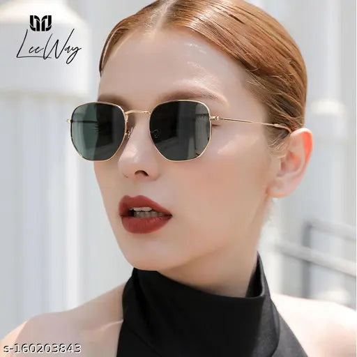 LeeWay Black Oval Sunglasses | LW-1128 | Black Lenses With Golden Frame | Trending Stylish For Girls
