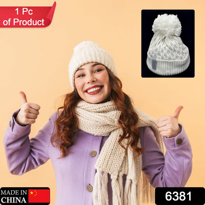 6381 Woollen Skull caps with Fur for Girls and Women ( 1 pcs ) 