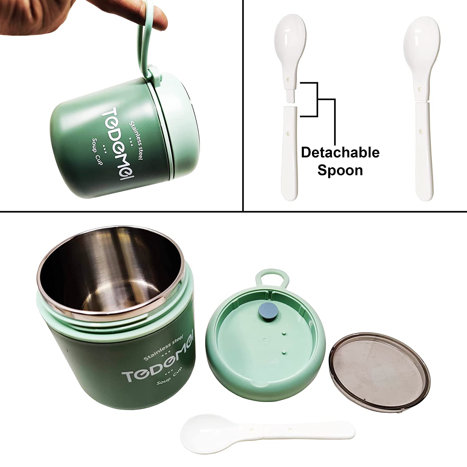 7157B  STAINLESS STEEL SOLID PREMIUM 1PC SOUP CONTAINER WITH SPOON AND 1 SPOON ON SOUP CUP TOP 