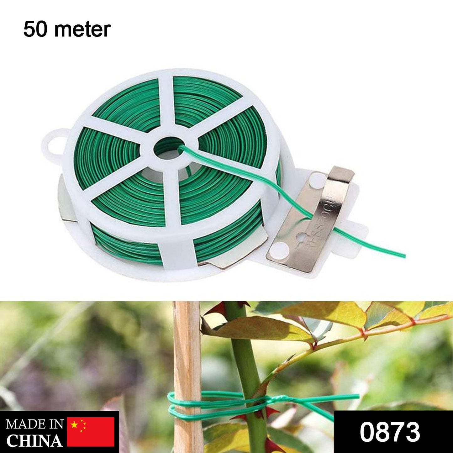 873 Plastic Twist Tie Wire Spool With Cutter For Garden Yard Plant 50m (Green) 