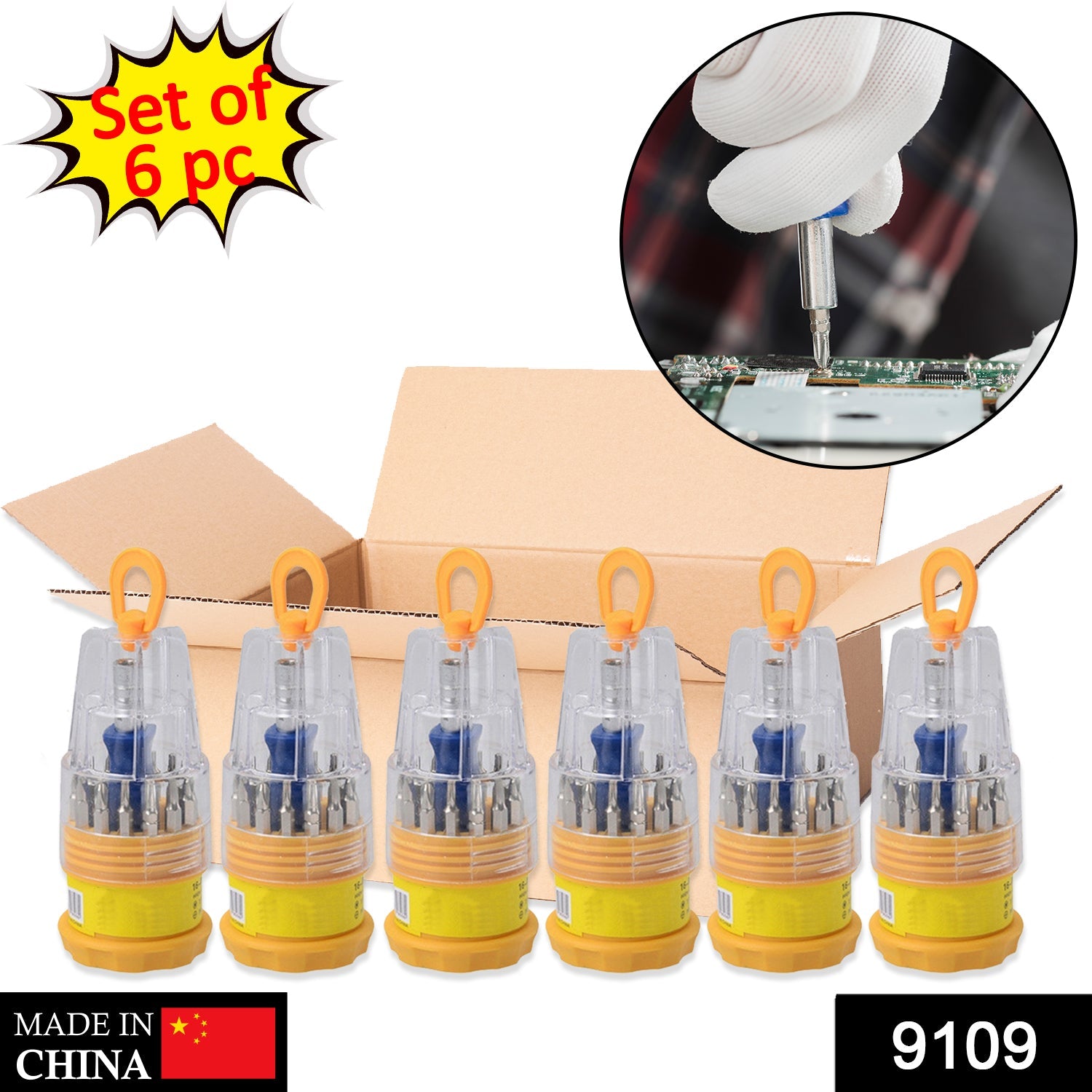 9109 (Set of 6pc) Screwdriver Set, Steel 16 in 1 with 15 Screwdriver Bits, Professional Magnetic Driver Set 