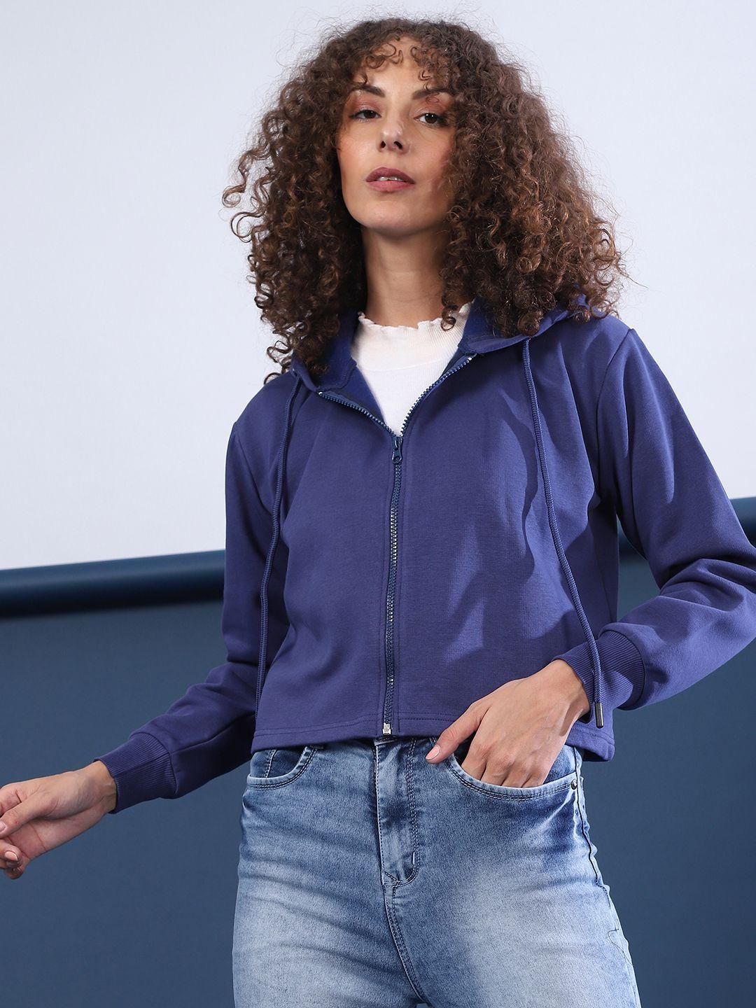 Women's  Cotton Blue Solid Sweatshirt