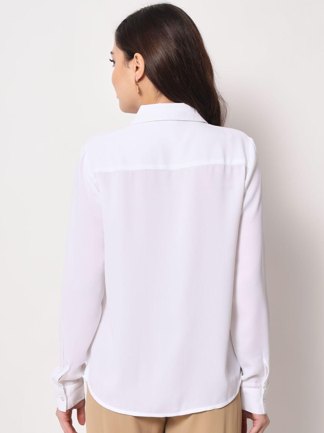TRENDARREST Women's Polyester White Shirt with Metallic Collar Edges