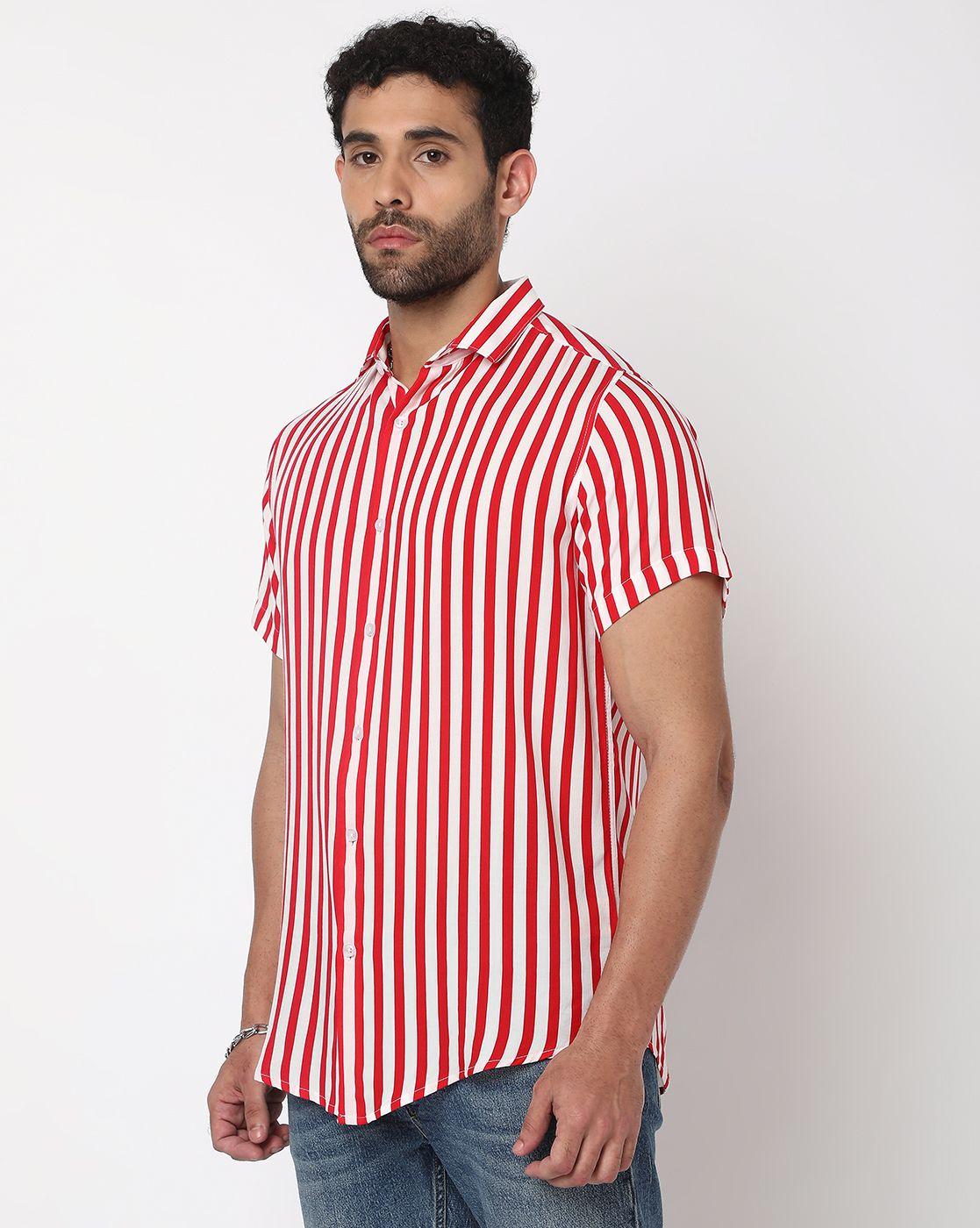 7 Shores Rayon Stripes Half Sleeves Regular Fit Mens Casual Shirt