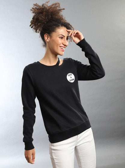 Women's  Cotton Black Solid Sweatshirt