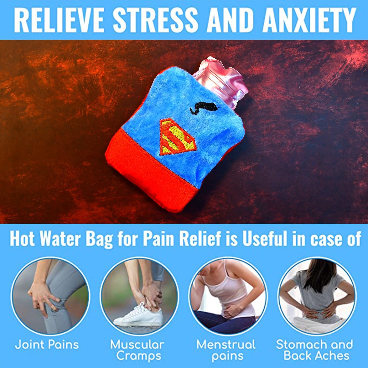6530 Superman Print small Hot Water Bag with Cover for Pain Relief, Neck, Shoulder Pain and Hand, Feet Warmer, Menstrual Cramps. 