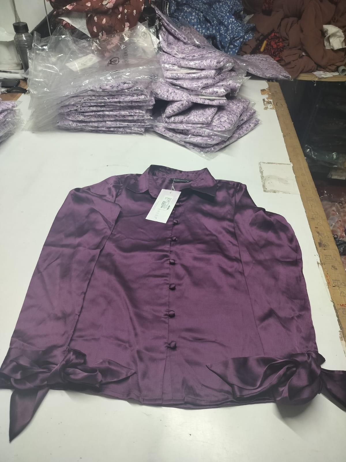 TRENDARREST Purple Tie-up Sleeve Satin Shirt