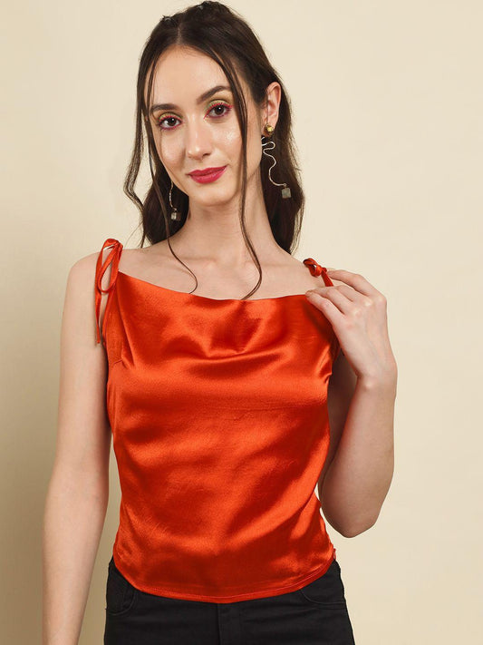 TRENDARREST Women's Polyester Orange Satin Party Top