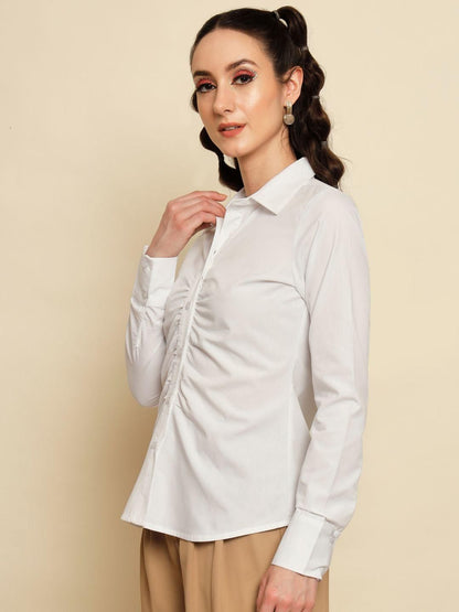 TRENDARREST Women's White Gather Detail Shirt