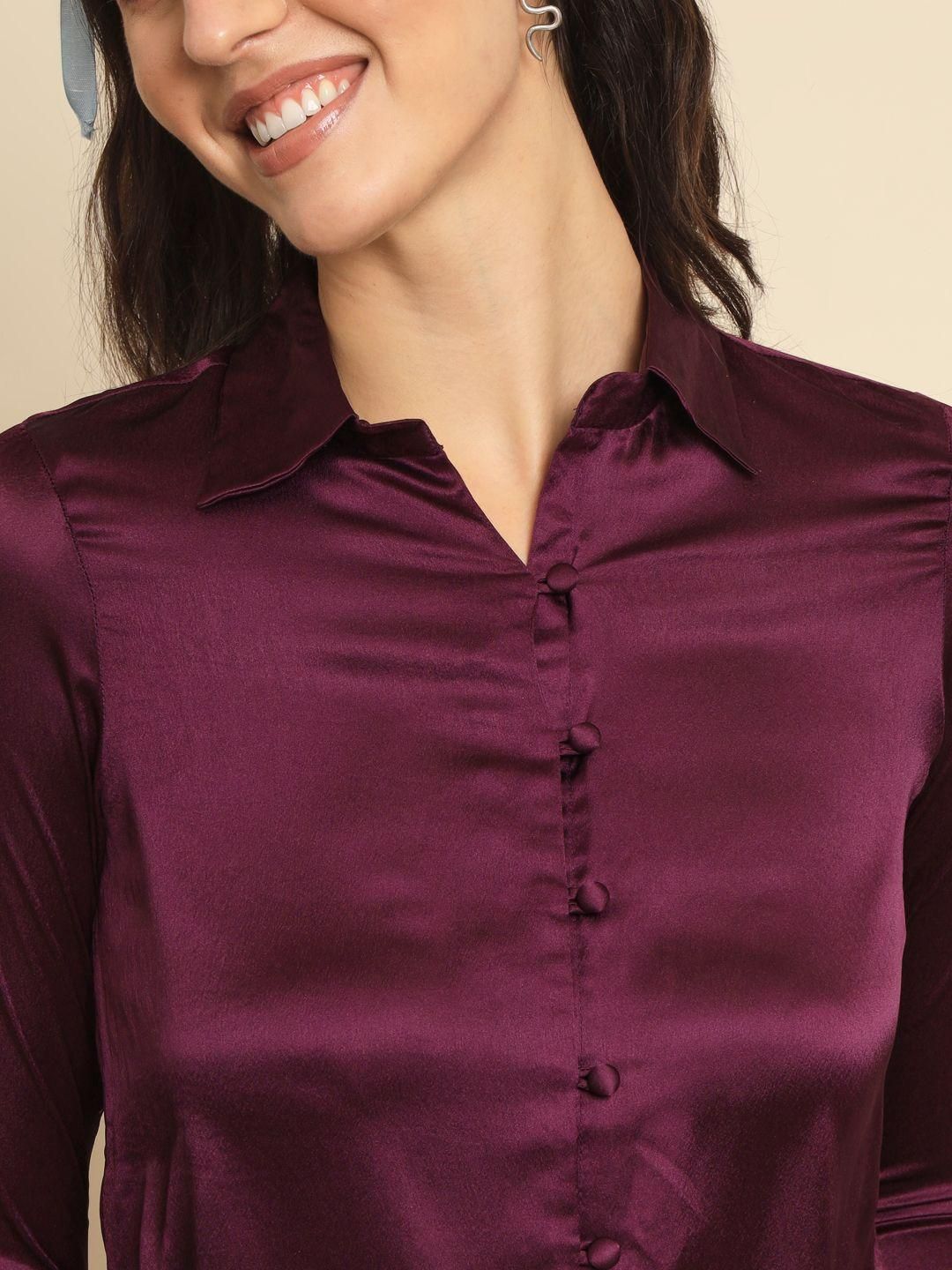 TRENDARREST Purple Tie-up Sleeve Satin Shirt