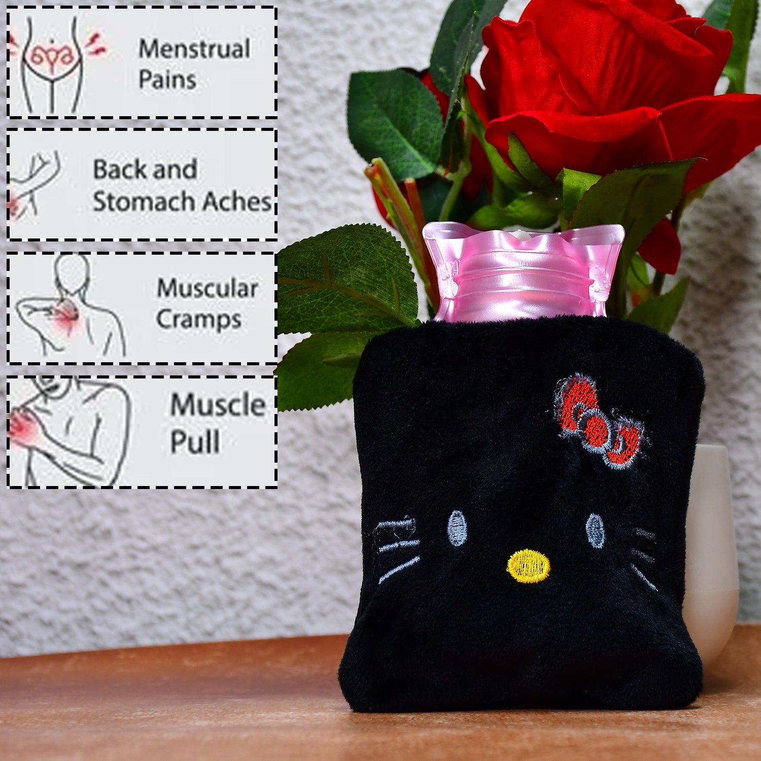 6513 Black Hello Kitty small Hot Water Bag with Cover for Pain Relief, Neck, Shoulder Pain and Hand, Feet Warmer, Menstrual Cramps. 