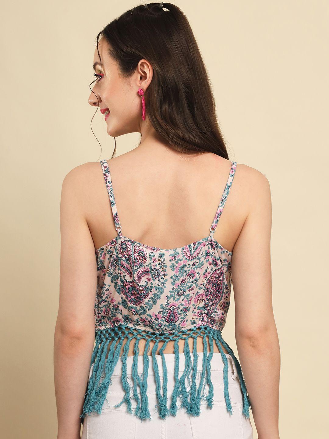 TRENDARREST Women's Rayon Paisley Print Lace Detail Top