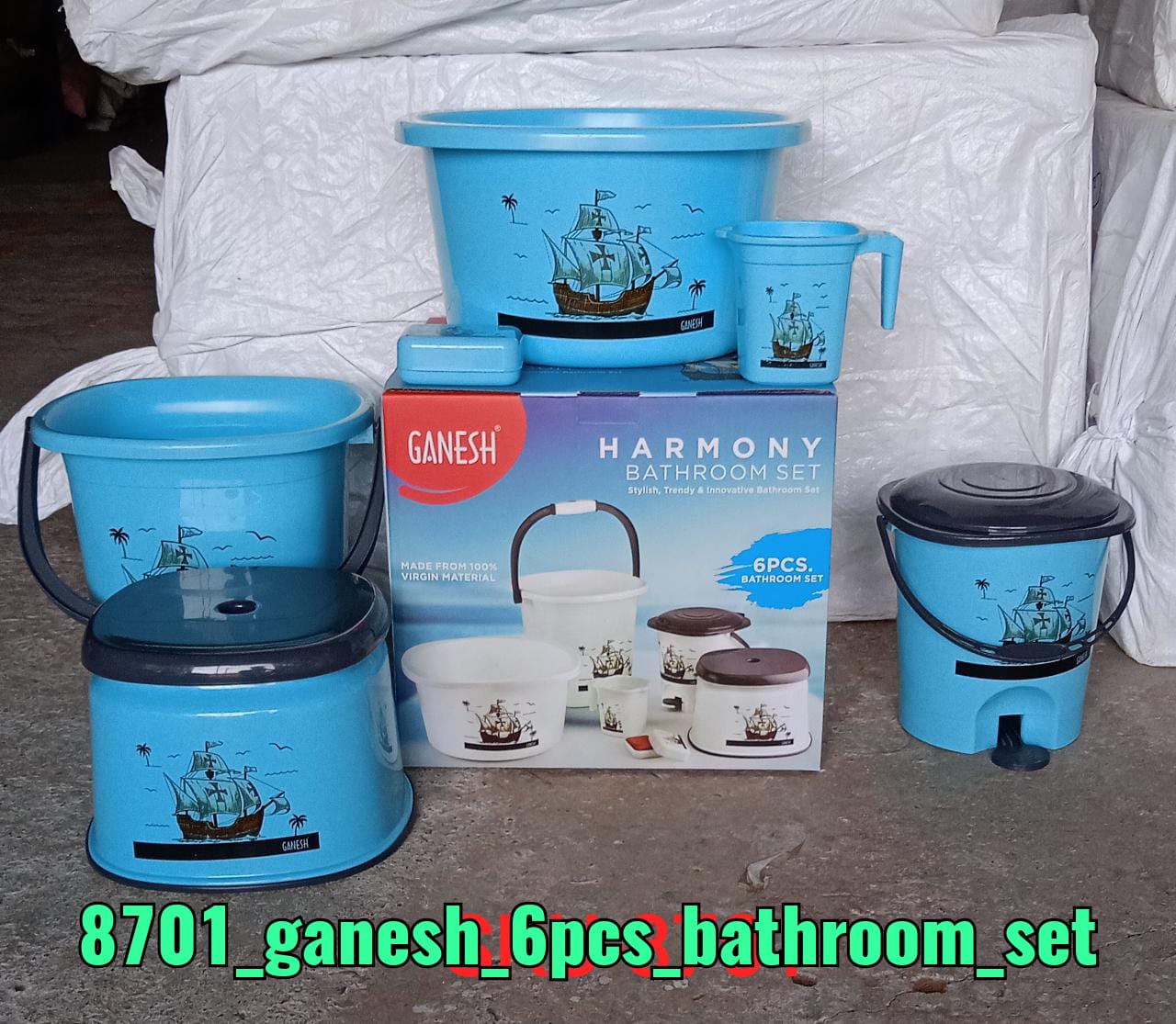 8701 Plastic Bathroom Accessories Set 6 pcs Bath Set Bathroom Bucket with Dustbin Mug, Stool, Soap Case,Tub 